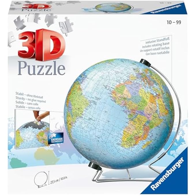 540‑PIECE 3D GLOBE PUZZLE THE WORLD ON V‑STAND  ROTATING V‑STAND, NO GLUE, EASYCLICK INTERLOCK PLASTIC PIECES, EDUCATIONAL MAP SPHERE FOR AGES 10+ | 12436‑7 - Image 4